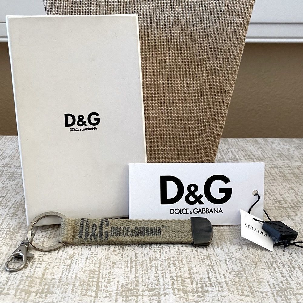 DOLCE & GABBANA Beige Canvas & Metal Keychain with Box & Paperwork. EUC!